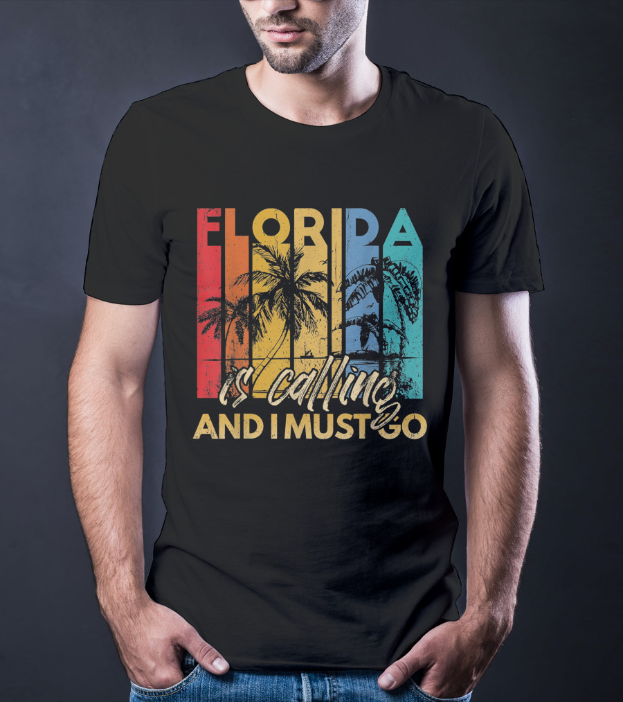Florida Is Calling And I Must Go Beach Vacation Summer Retro Palm Trees T-Shirt