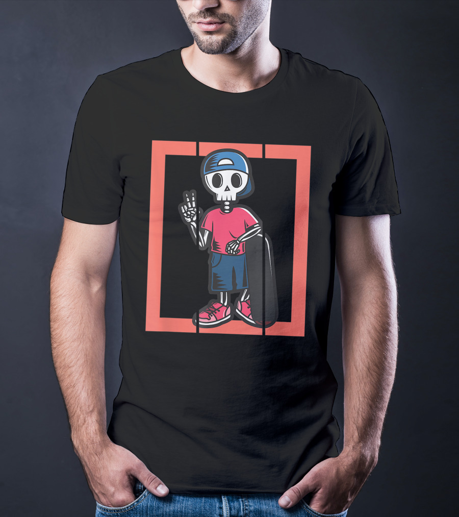 Scary Freaky Spooky Creepy Halloween Skeleton Skater Kid In Cap And Red Sneakers T-Shirt