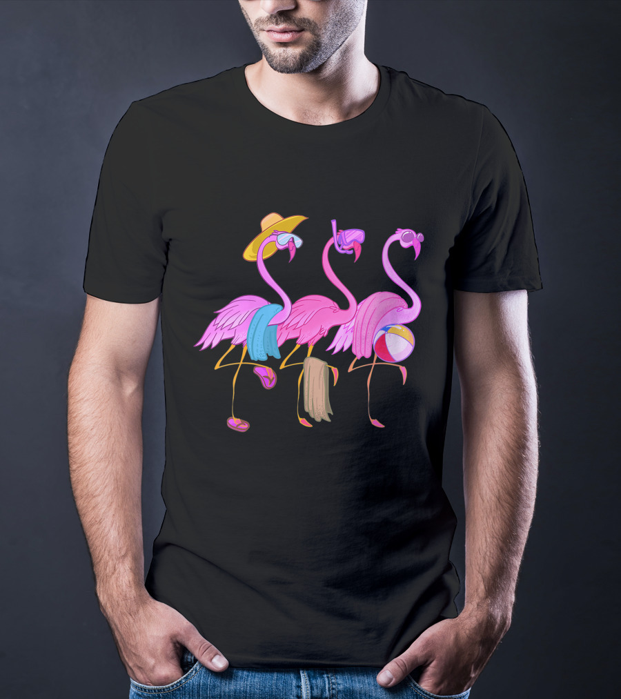 Funny Beach Flamingos Towels Cool Summer Bird Fan With Hat And Beach Ball T-Shirt