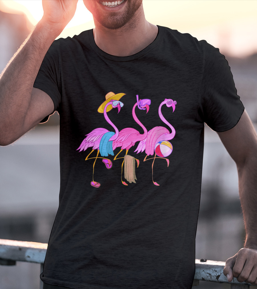 Funny Beach Flamingos Towels Cool Summer Bird Fan With Hat And Beach Ball T-Shirt