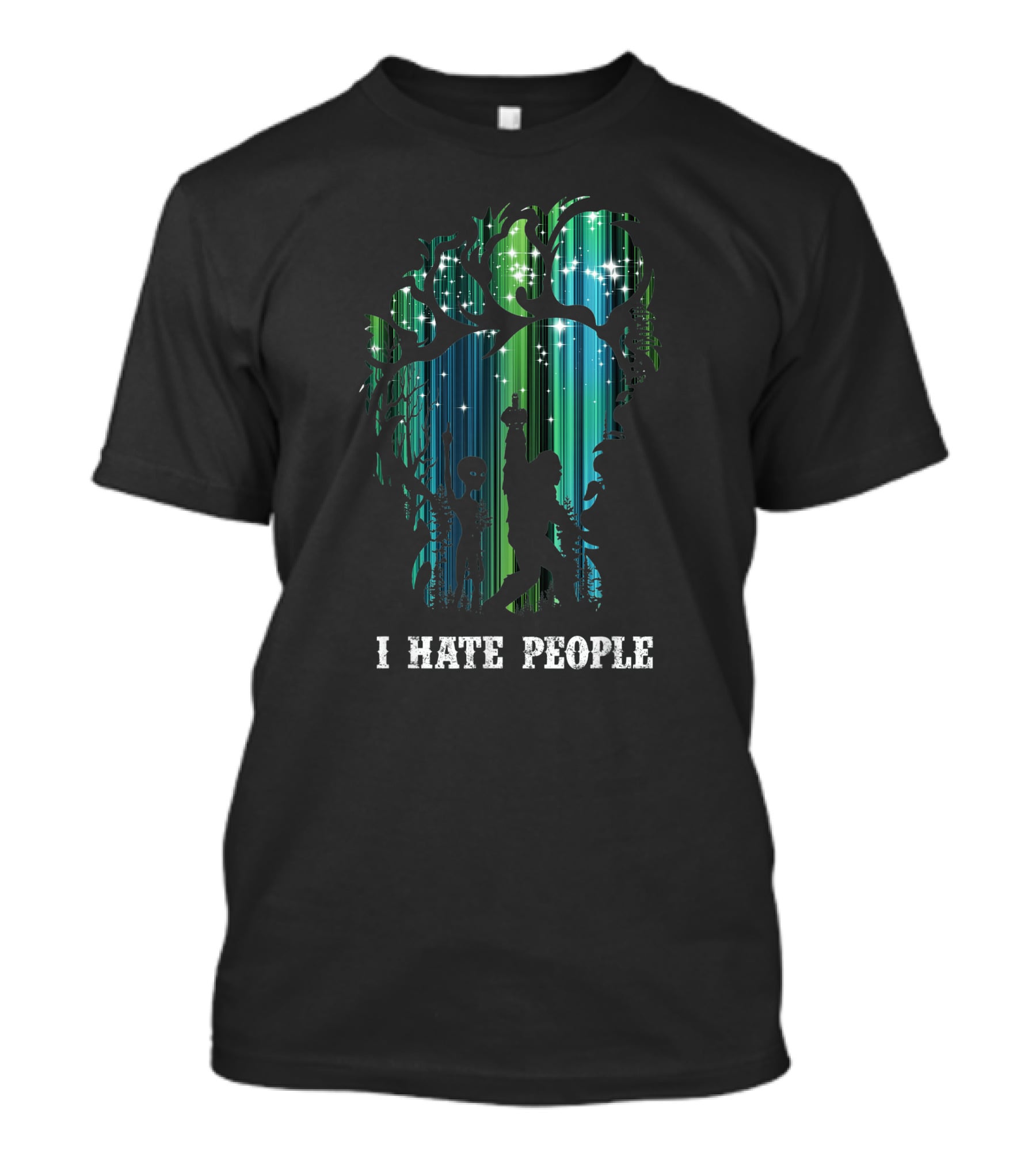 Alien Bigfoot Middle Finger I Hate People Camping Forest Scene T-Shirt