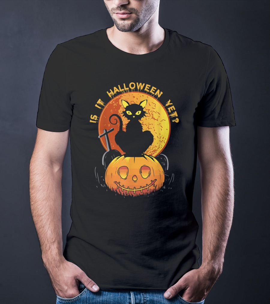 Is It Halloween Yet Funny Cat Pumpkin With Full Moon And Witch's Broom T-Shirt