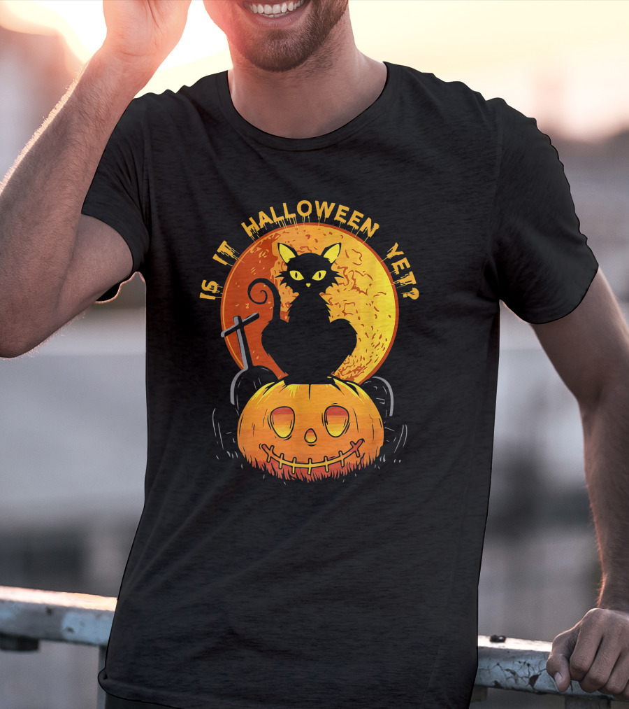 Is It Halloween Yet Funny Cat Pumpkin With Full Moon And Witch's Broom T-Shirt