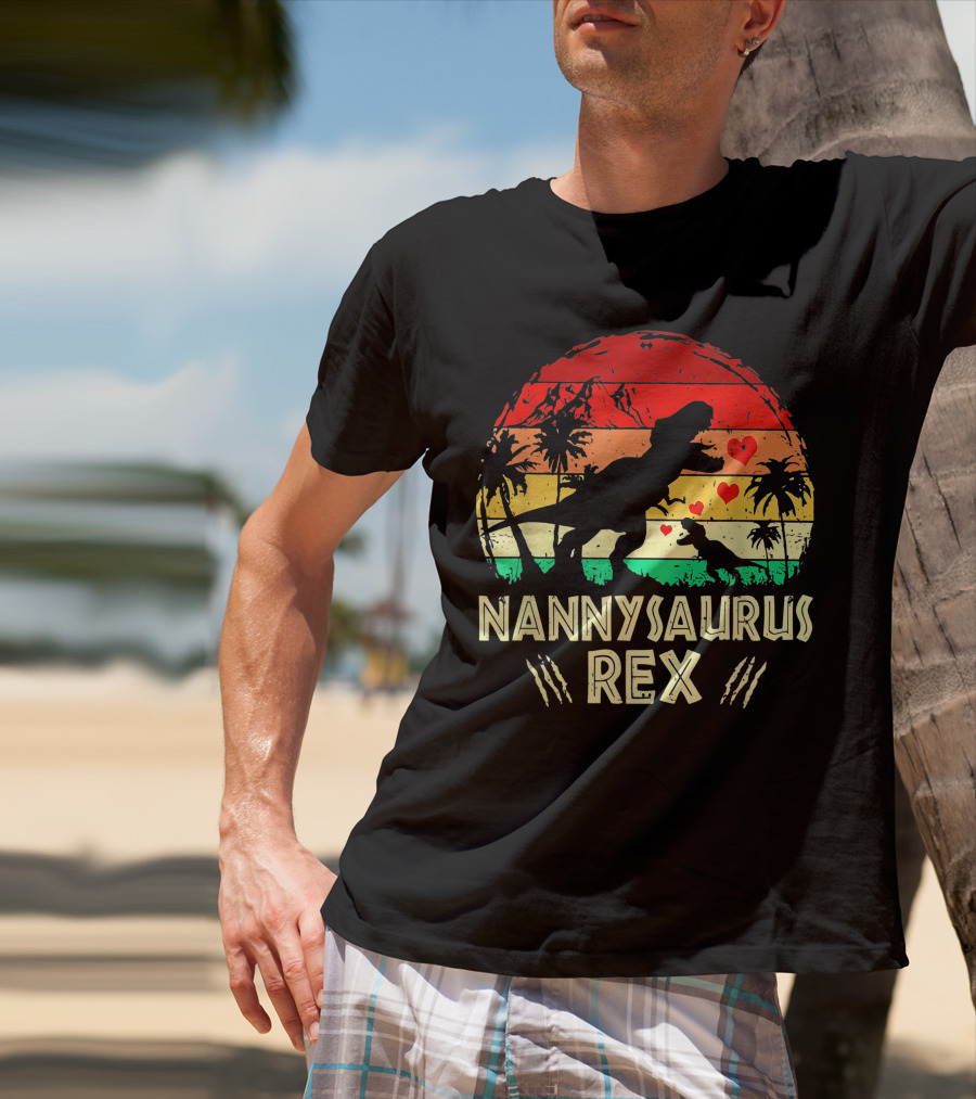 Nannysaurus Rex Dinosaur Sunset Hearts T-Shirt