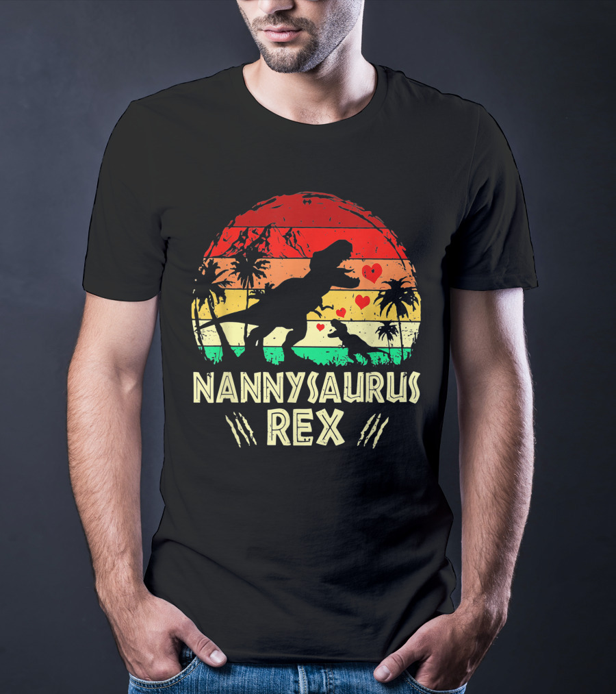 Nannysaurus Rex Dinosaur Sunset Hearts T-Shirt