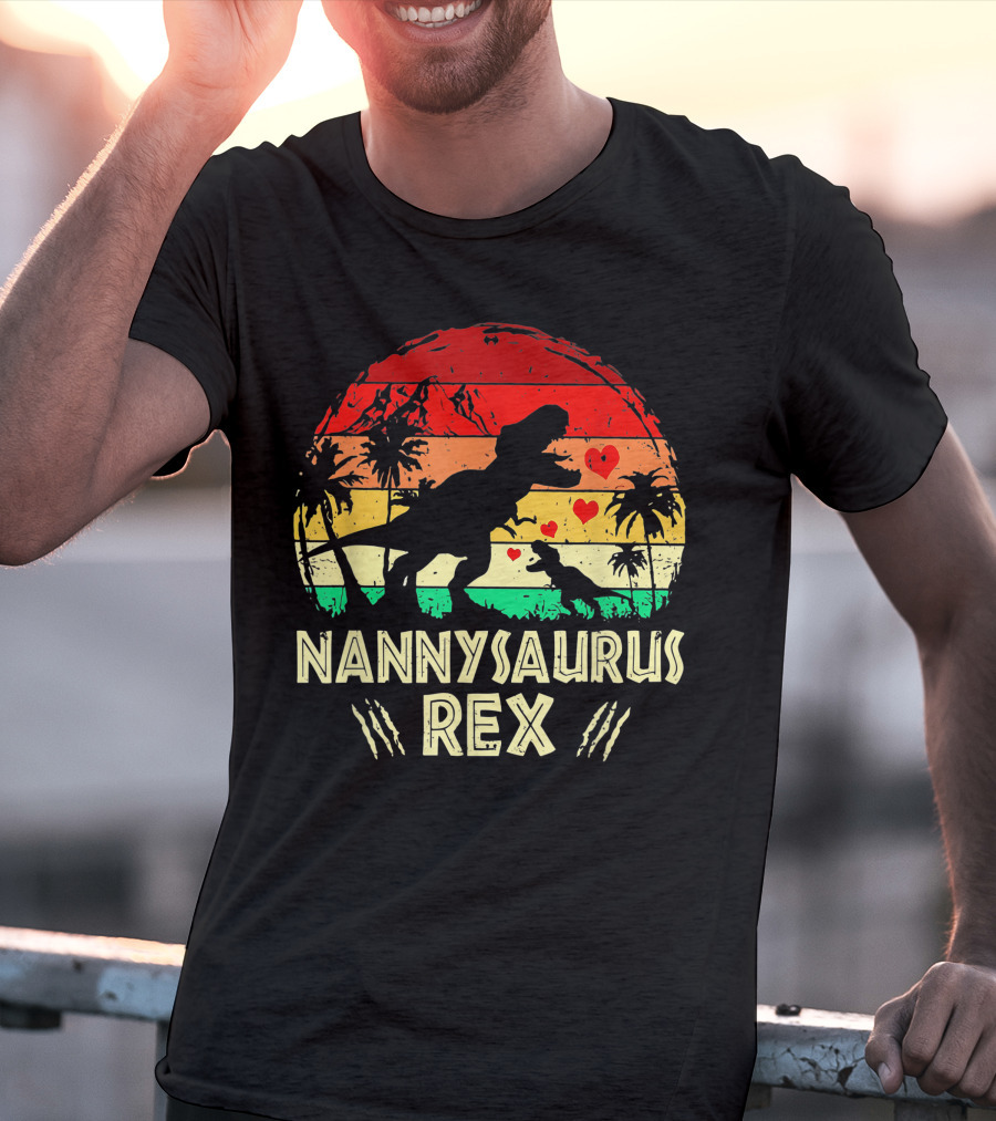 Nannysaurus Rex Dinosaur Sunset Hearts T-Shirt