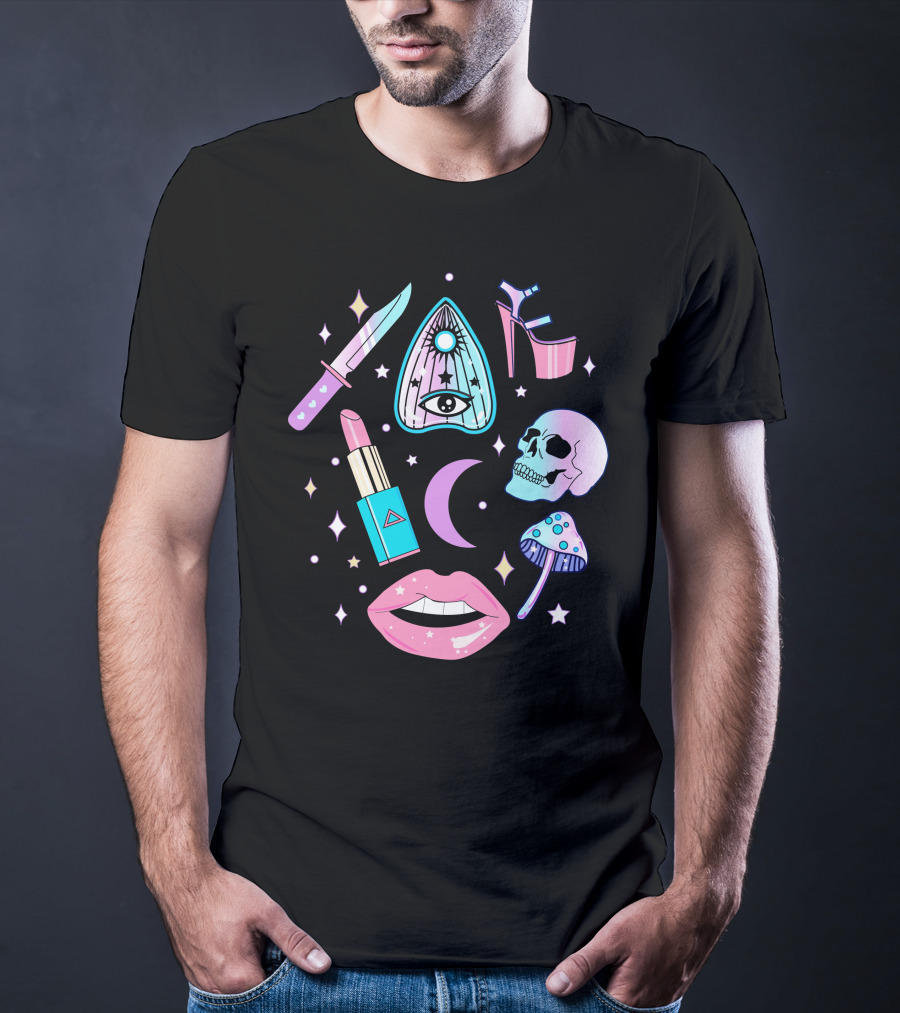 Pastel Goth Kawaii Witch Creepy Knife Skull Lipstick Moon Stars Mushroom Heels Ouija T-Shirt