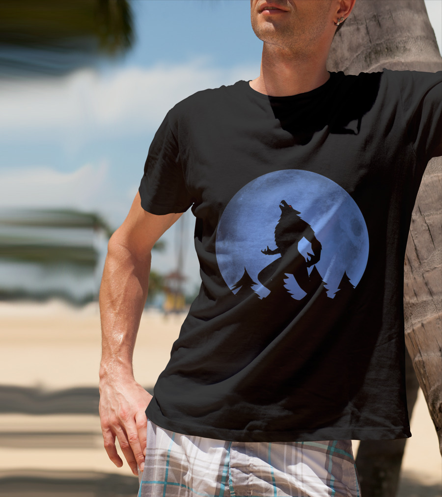 Werewolf Silhouette Howling At Full Blue Moon With Forest Background T-Shirt
