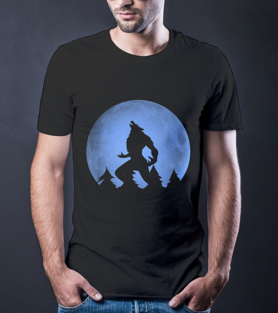 Werewolf Silhouette Howling At Full Blue Moon With Forest Background T-Shirt