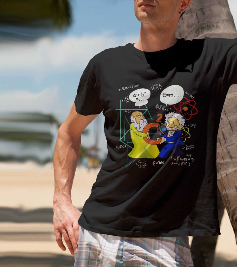 Pythagoras Einstein Battle Funny Science Equations Showdown T-Shirt