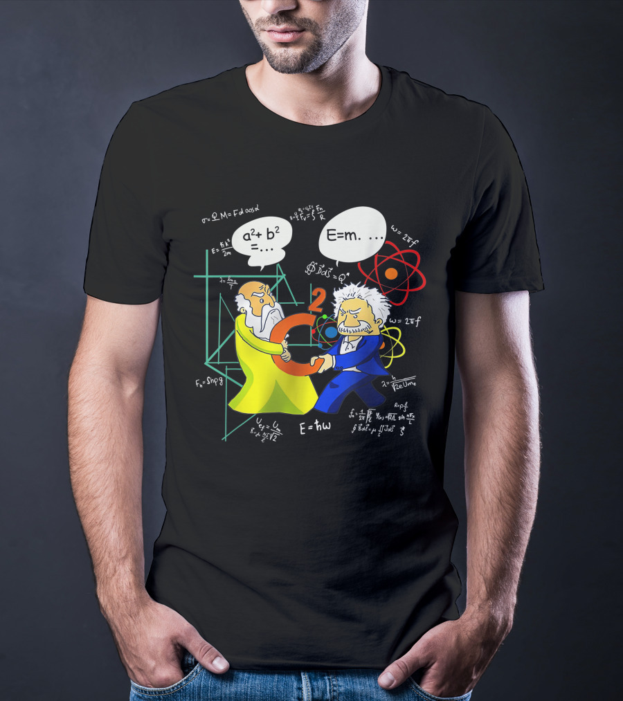 Pythagoras Einstein Battle Funny Science Equations Showdown T-Shirt