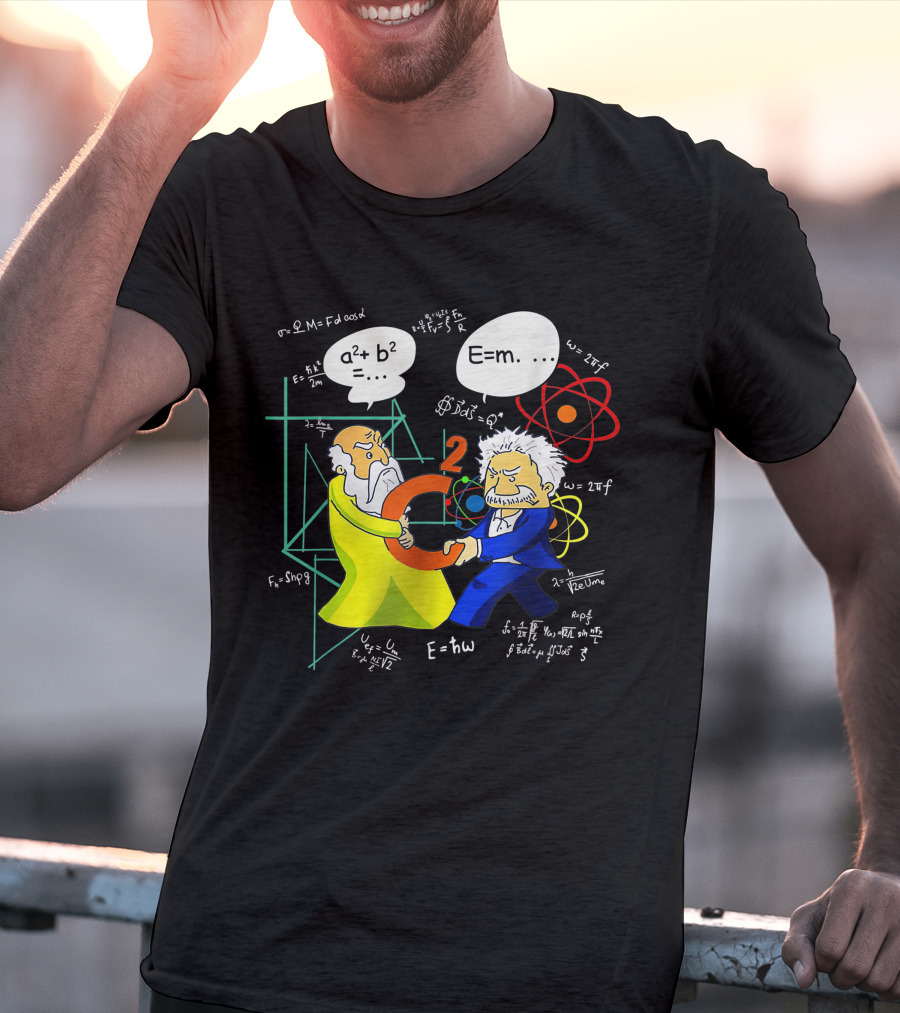 Pythagoras Einstein Battle Funny Science Equations Showdown T-Shirt