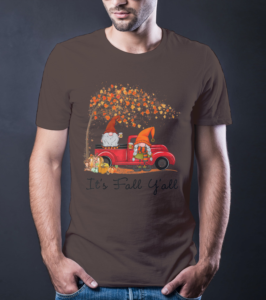 It's Fall Y'all Cute Gnomes Pumpkin Autumn Tree Fall Leaves Red Truck T-Shirt