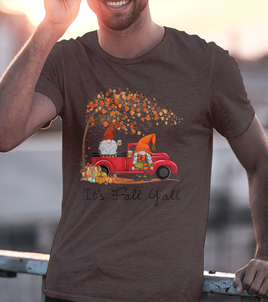 It's Fall Y'all Cute Gnomes Pumpkin Autumn Tree Fall Leaves Red Truck T-Shirt