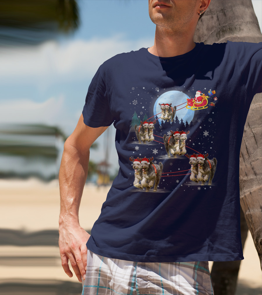 Funny Reindeer Santa With Dogs Pulling Sleigh By Moonlight T-Shirt