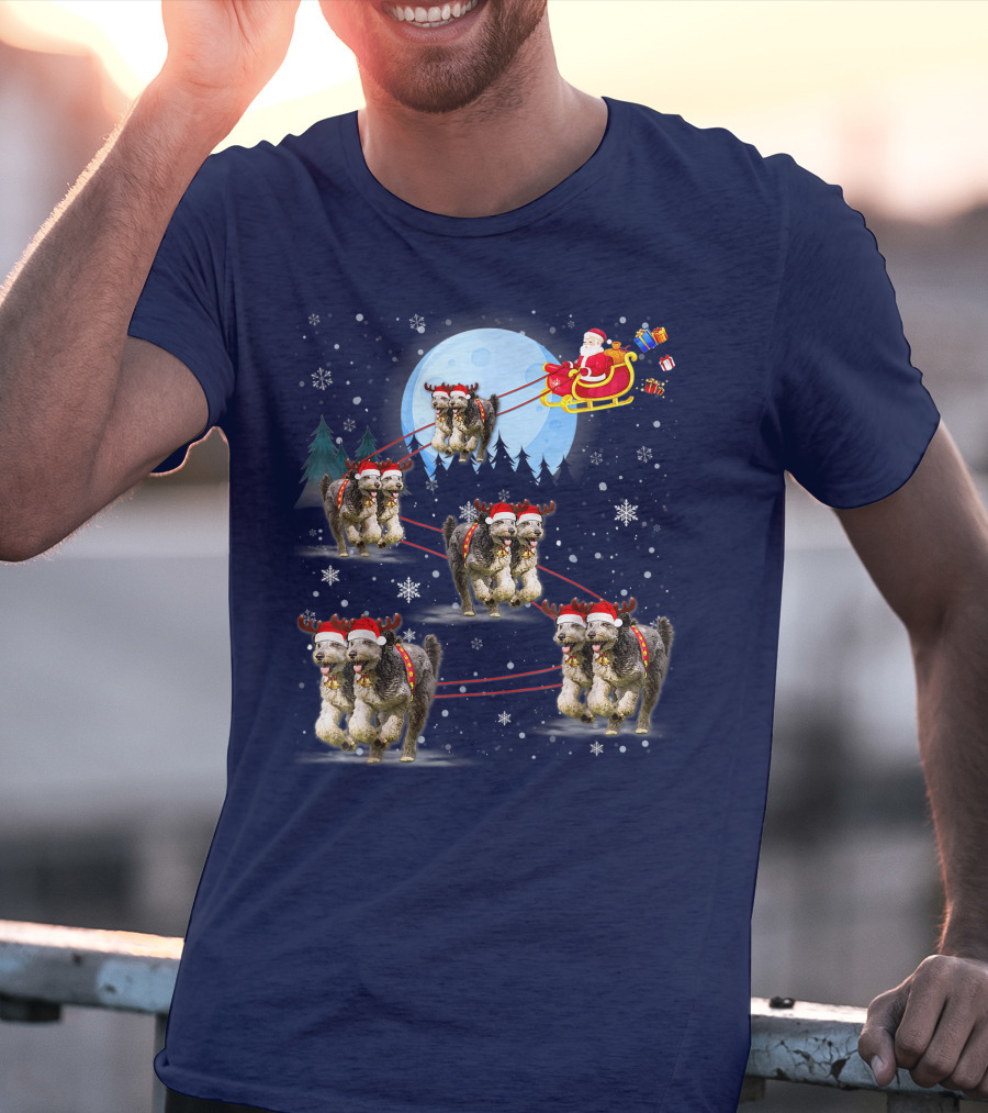 Funny Reindeer Santa With Dogs Pulling Sleigh By Moonlight T-Shirt