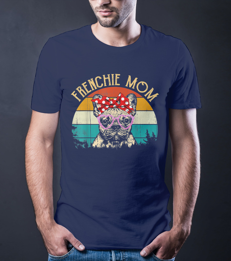 Frenchie Mom Retro Sunset Heart Glasses Bow T-Shirt