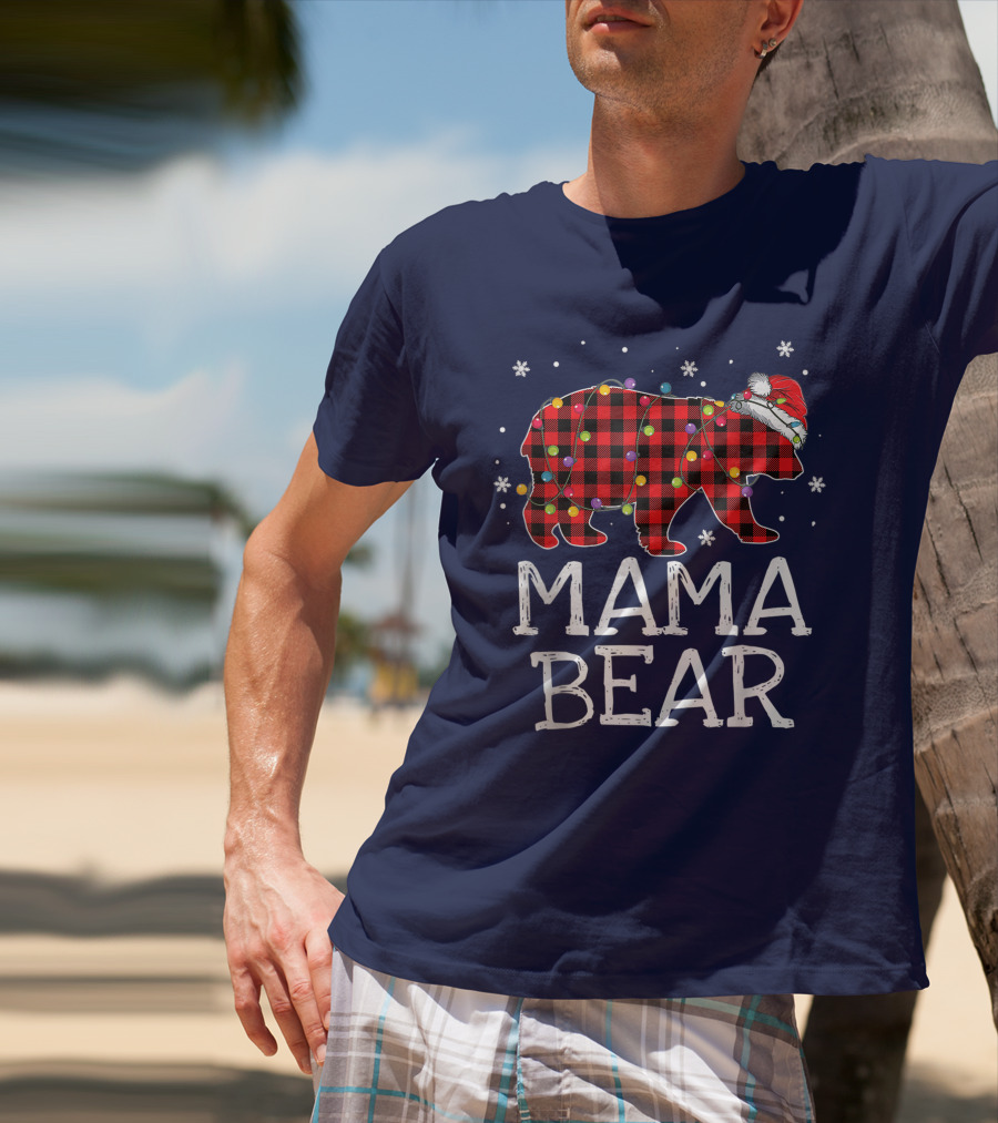 Mama Bear Red Plaid Christmas Lights Santa Hat Snowflakes T-Shirt