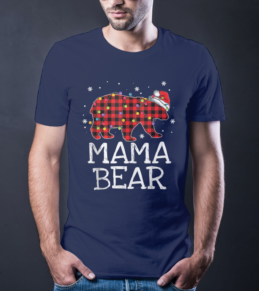 Mama Bear Red Plaid Christmas Lights Santa Hat Snowflakes T-Shirt