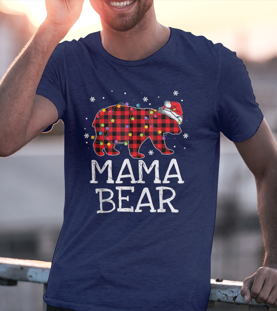 Mama Bear Red Plaid Christmas Lights Santa Hat Snowflakes T-Shirt