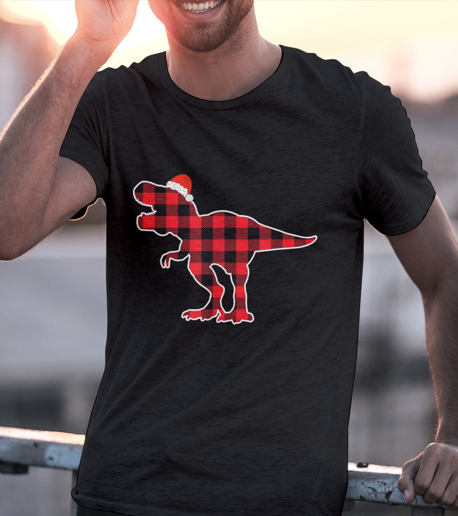 Red Plaid Dinosaur Wearing Santa Hat T-Shirt