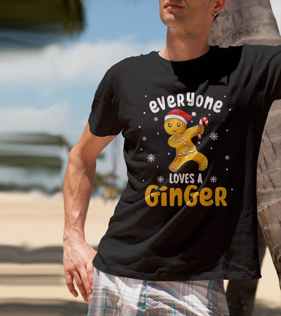 Everyone Loves A Ginger Christmas Gingerbread Man With Santa Hat And Candy Cane T-Shirt