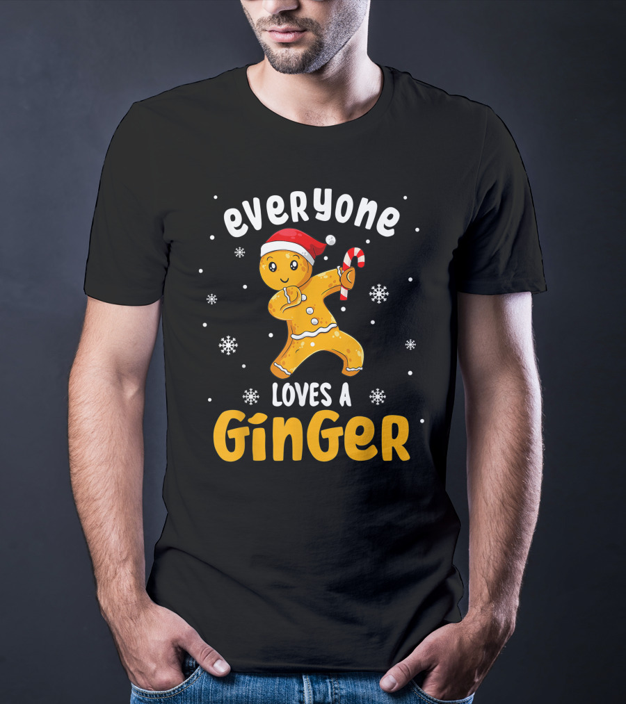 Everyone Loves A Ginger Christmas Gingerbread Man With Santa Hat And Candy Cane T-Shirt