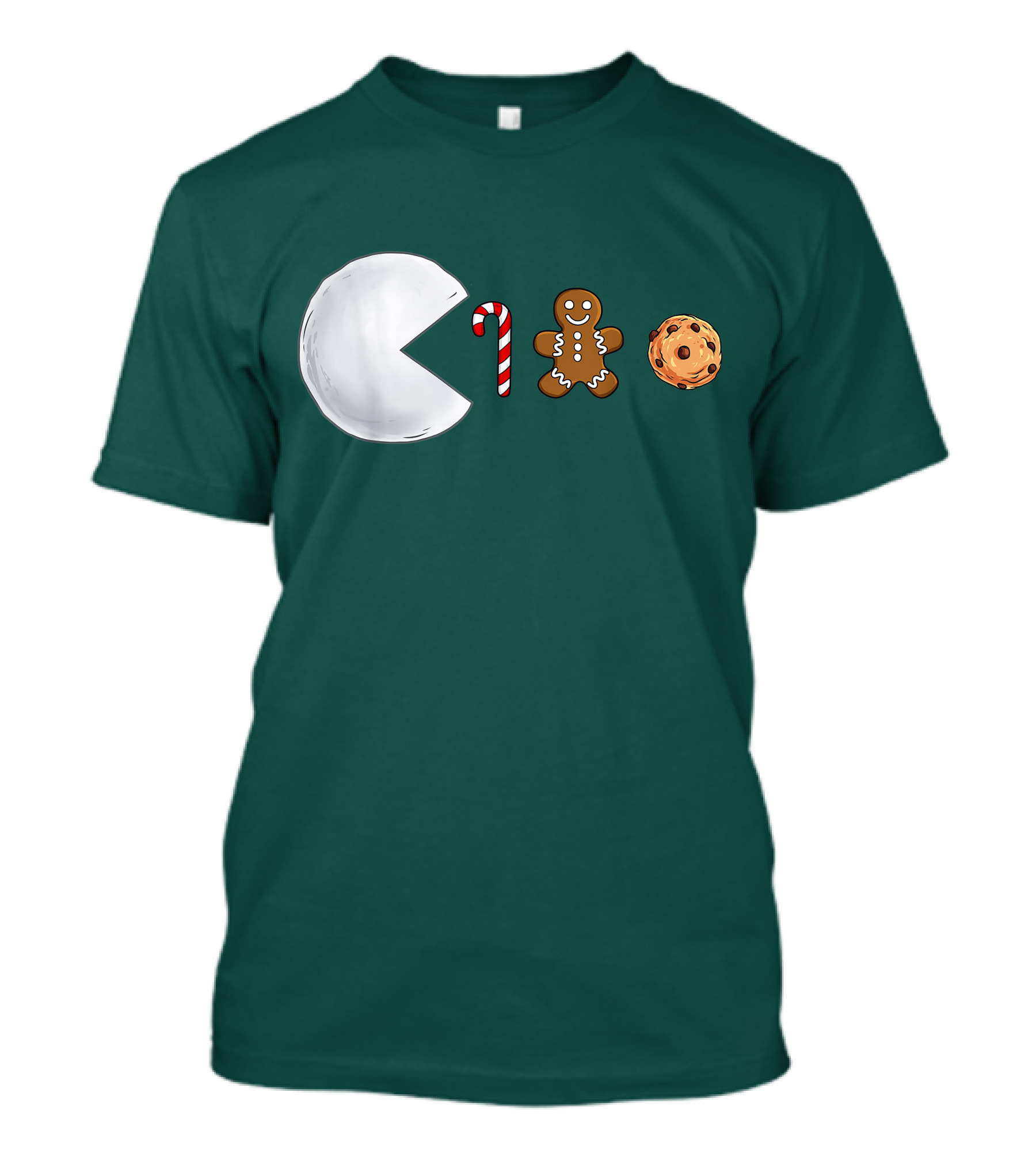 Christmas Snowball Candy Cane Gingerbread Cookie Pac-Man T-Shirt