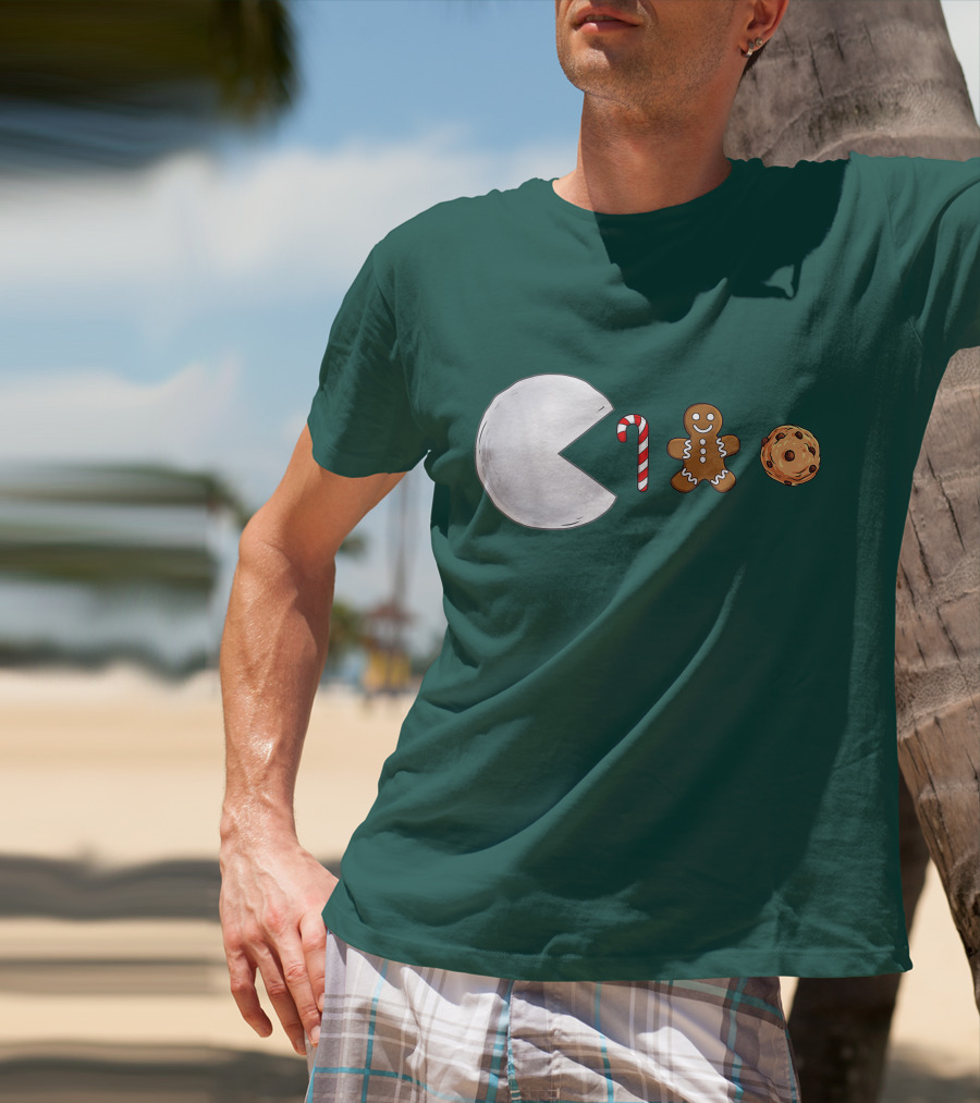 Christmas Snowball Candy Cane Gingerbread Cookie Pac-Man T-Shirt