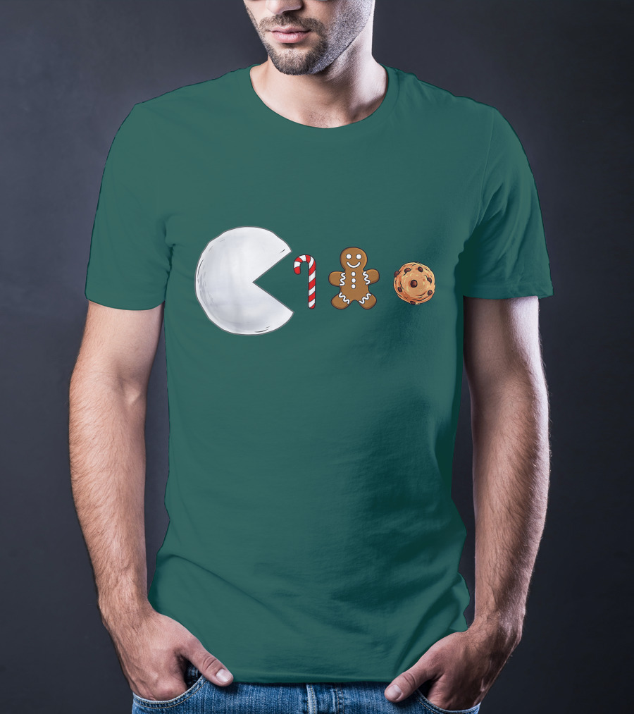Christmas Snowball Candy Cane Gingerbread Cookie Pac-Man T-Shirt