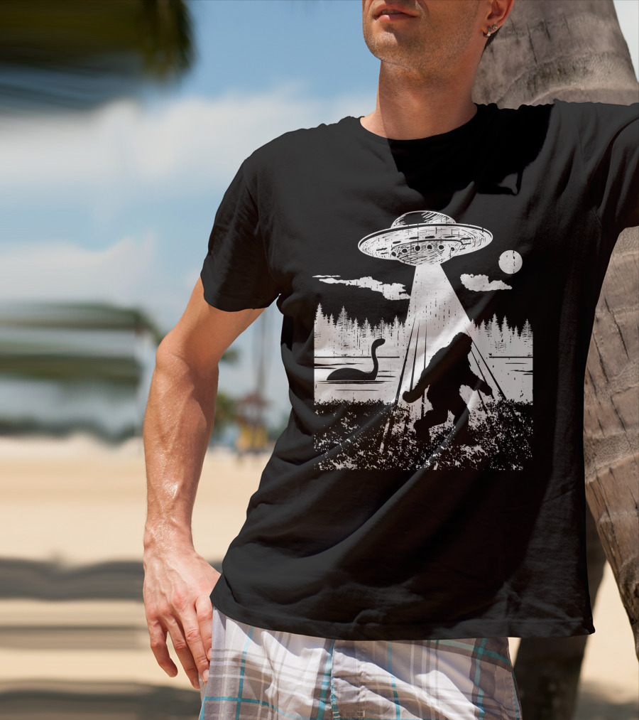 Bigfoot UFO Abduction Sasquatch Aliens Cryptozoology Loch Ness Monster Moonlight Scene T-Shirt