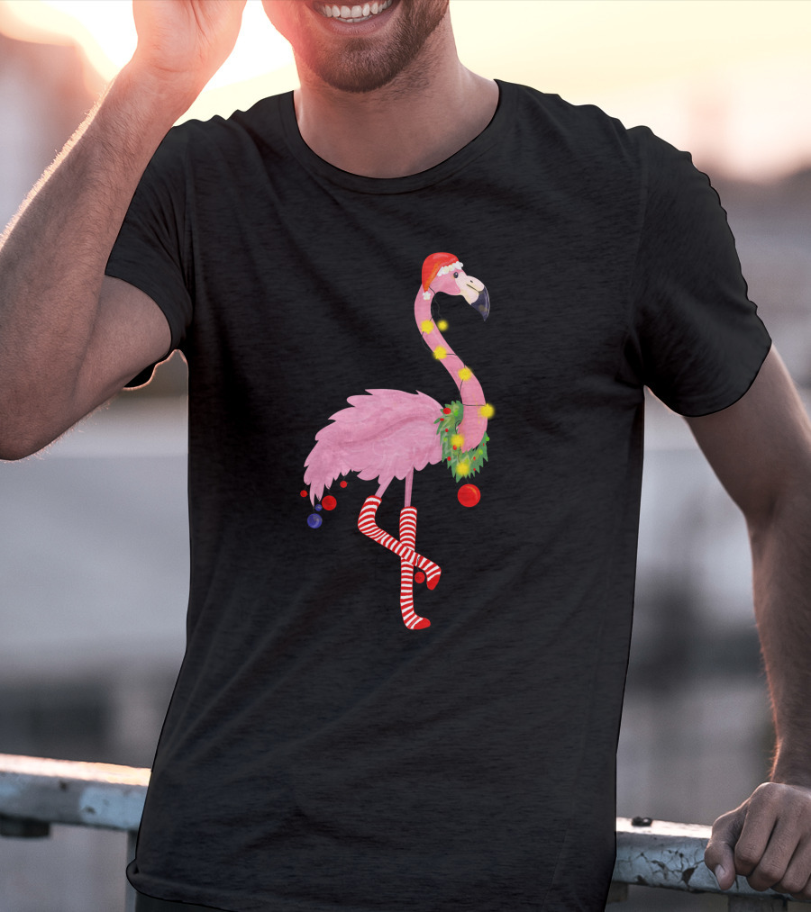 Flamingo Christmas Santa Hat Candy Cane Leggings T-Shirt