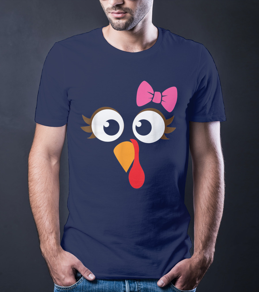 Turkey Face Girl Pink Bow Cute Thanksgiving T-Shirt