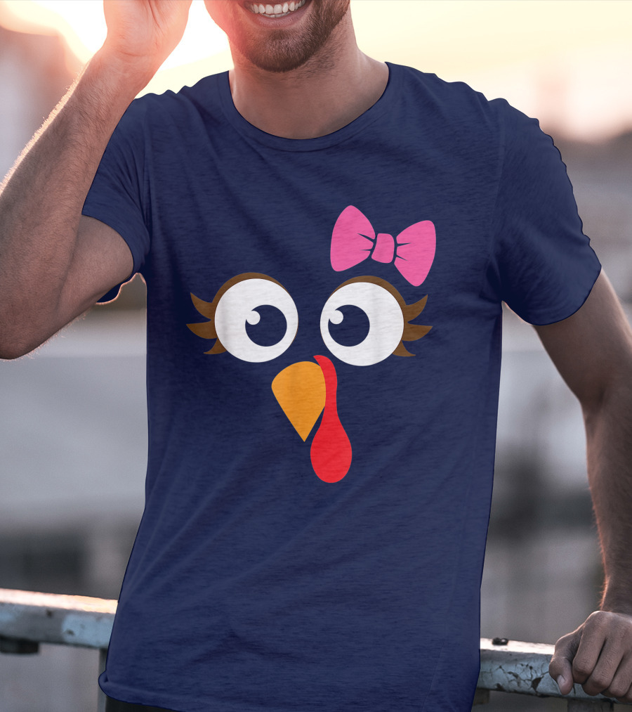 Turkey Face Girl Pink Bow Cute Thanksgiving T-Shirt