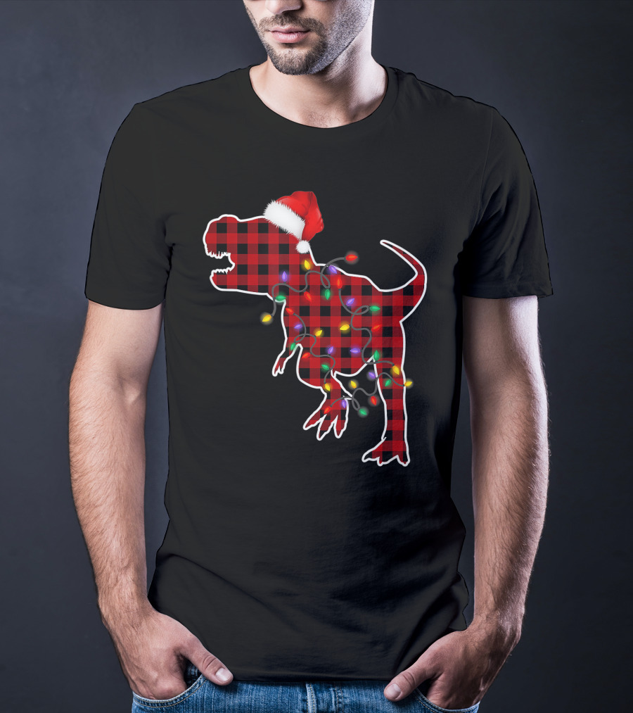 Red Plaid T-Rex Dinosaur With Santa Hat And Christmas Lights T-Shirt