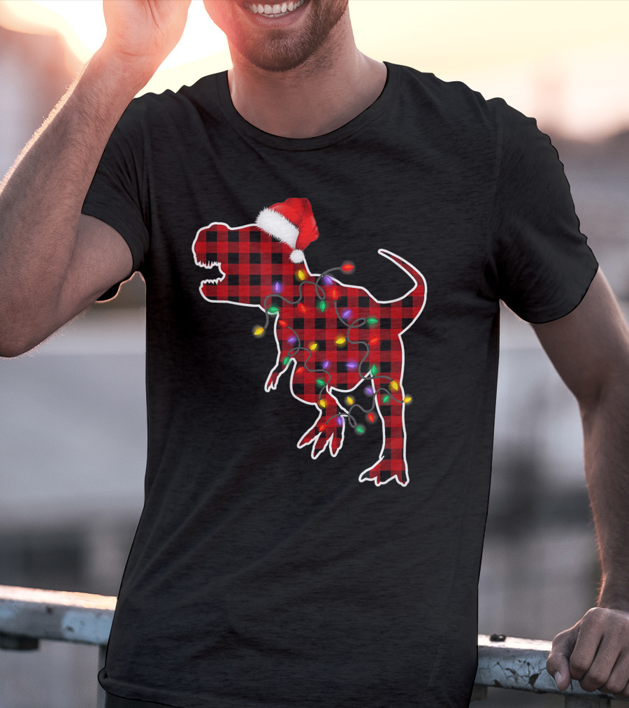Red Plaid T-Rex Dinosaur With Santa Hat And Christmas Lights T-Shirt