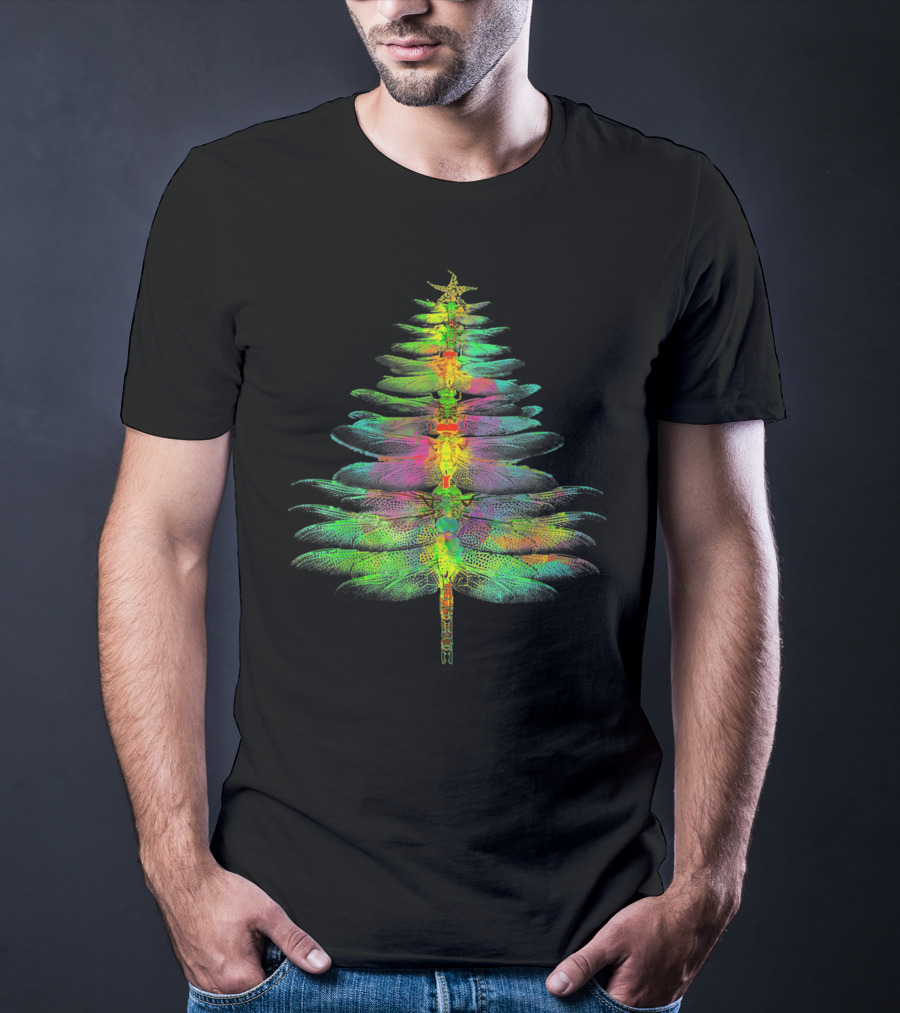 Funny Dragonfly Christmas Tree Multicolored Wings T-Shirt