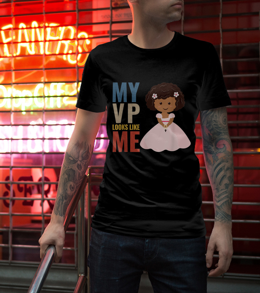 MY VP Looks Like Me Pink Dress Girl Holding Cross T-Shirt
