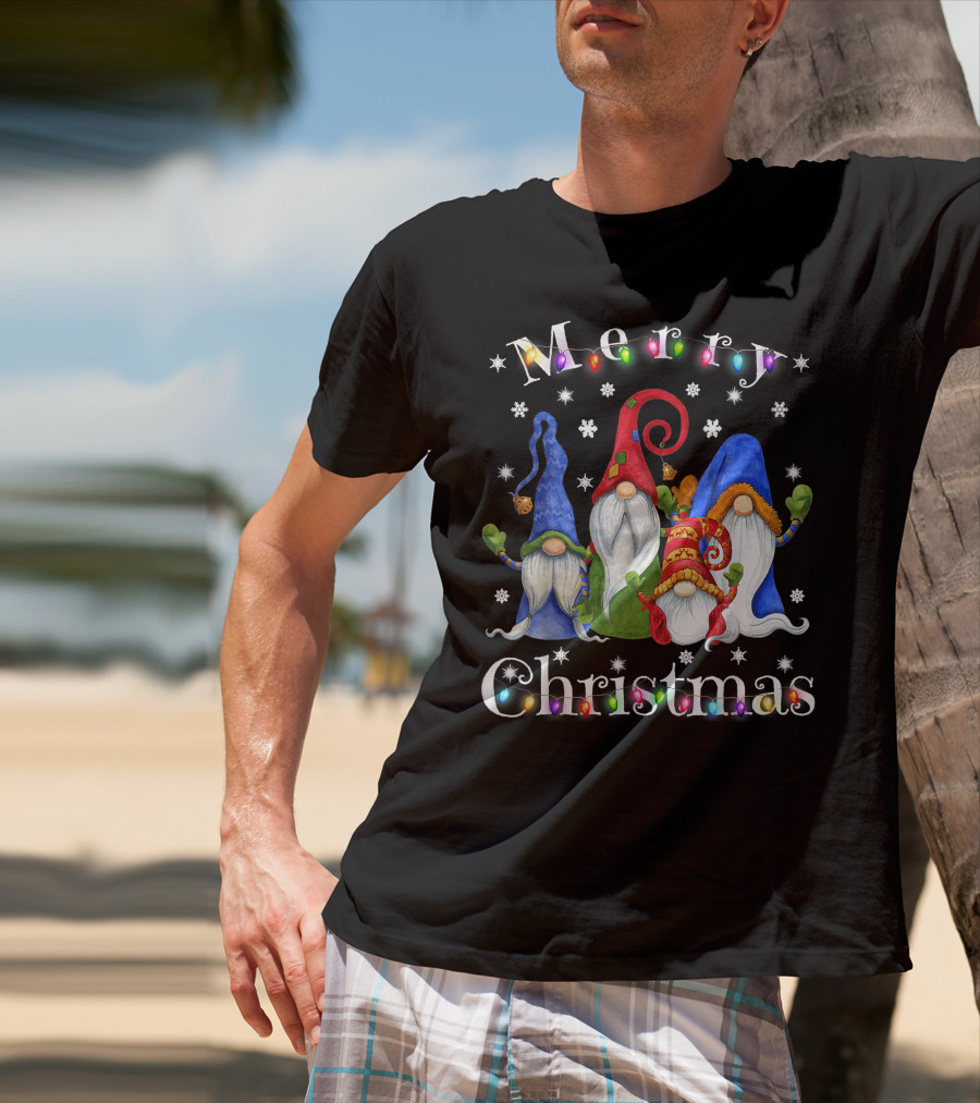Merry Christmas Garden Gnome Festive Lights T-Shirt