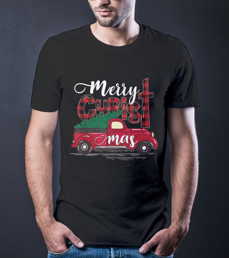 Merry Christmas Buffalo Plaid Christian Cross With Red Truck T-Shirt