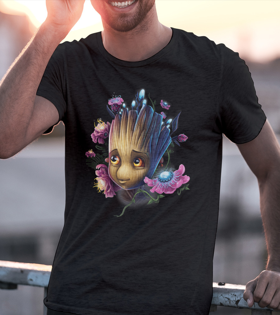 Marvel Guardians Of The Galaxy Groot Surrounded By Vibrant Flowers And Glowing Bugs T-Shirt