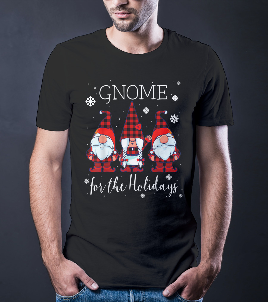 Gnome For The Holidays Buffalo Plaid 3 Gnomes Christmas Snowflakes T-Shirt