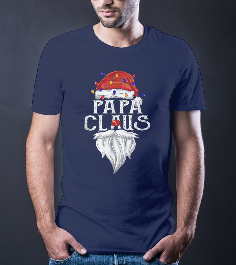 Papa Claus Santa Hat Beard Christmas Lights T-Shirt