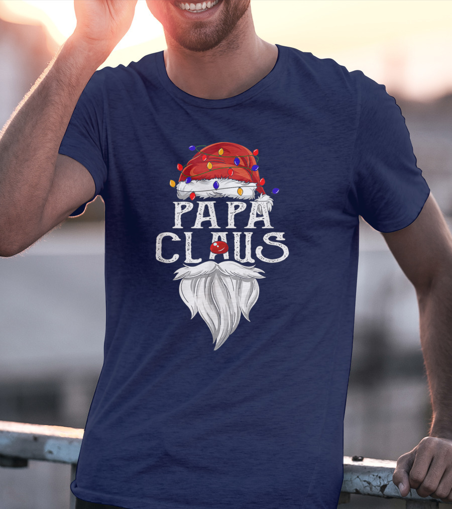 Papa Claus Santa Hat Beard Christmas Lights T-Shirt