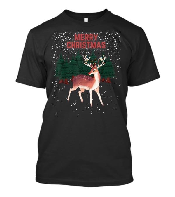 Merry Christmas Reindeer Rudolph Tangled Christmas Lights Snowy Forest T-Shirt