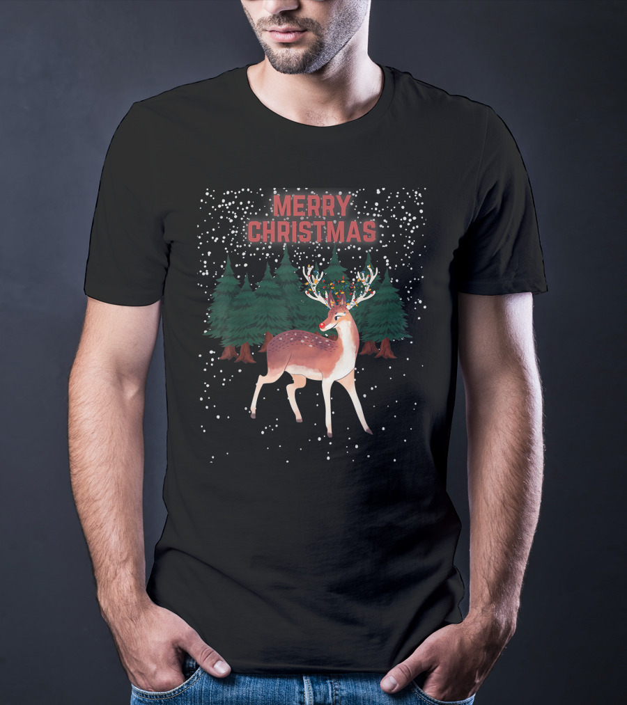 Merry Christmas Reindeer Rudolph Tangled Christmas Lights Snowy Forest T-Shirt