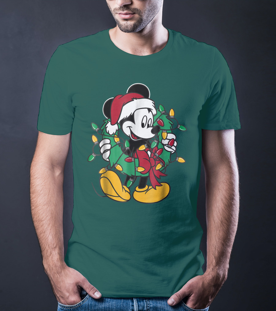 Disney Mickey Mouse Santa Hat Christmas Lights Wreath T-Shirt