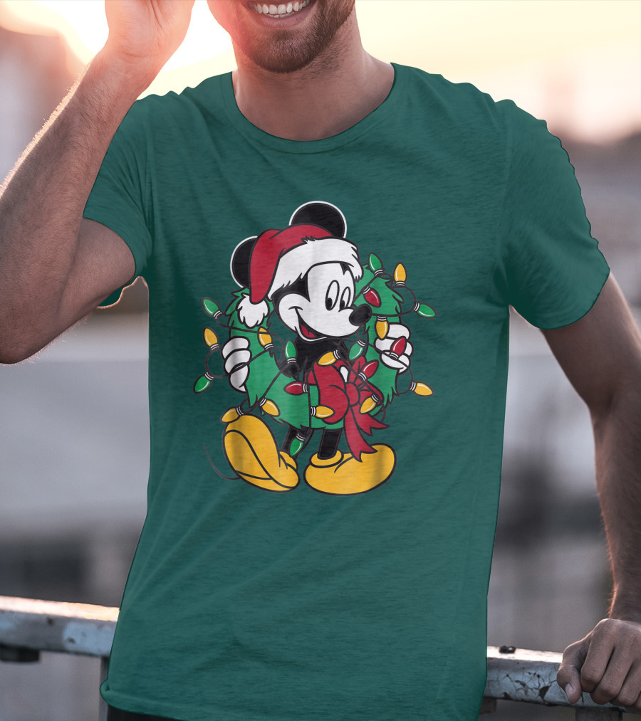 Disney Mickey Mouse Santa Hat Christmas Lights Wreath T-Shirt