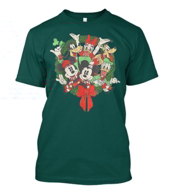 Disney Holiday Wreath Mickey Minnie Goofy Pluto Donald Christmas T-Shirt