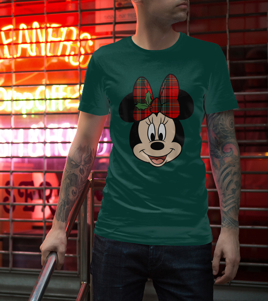Disney Minnie Mouse Plaid Christmas Bow With Holly T-Shirt